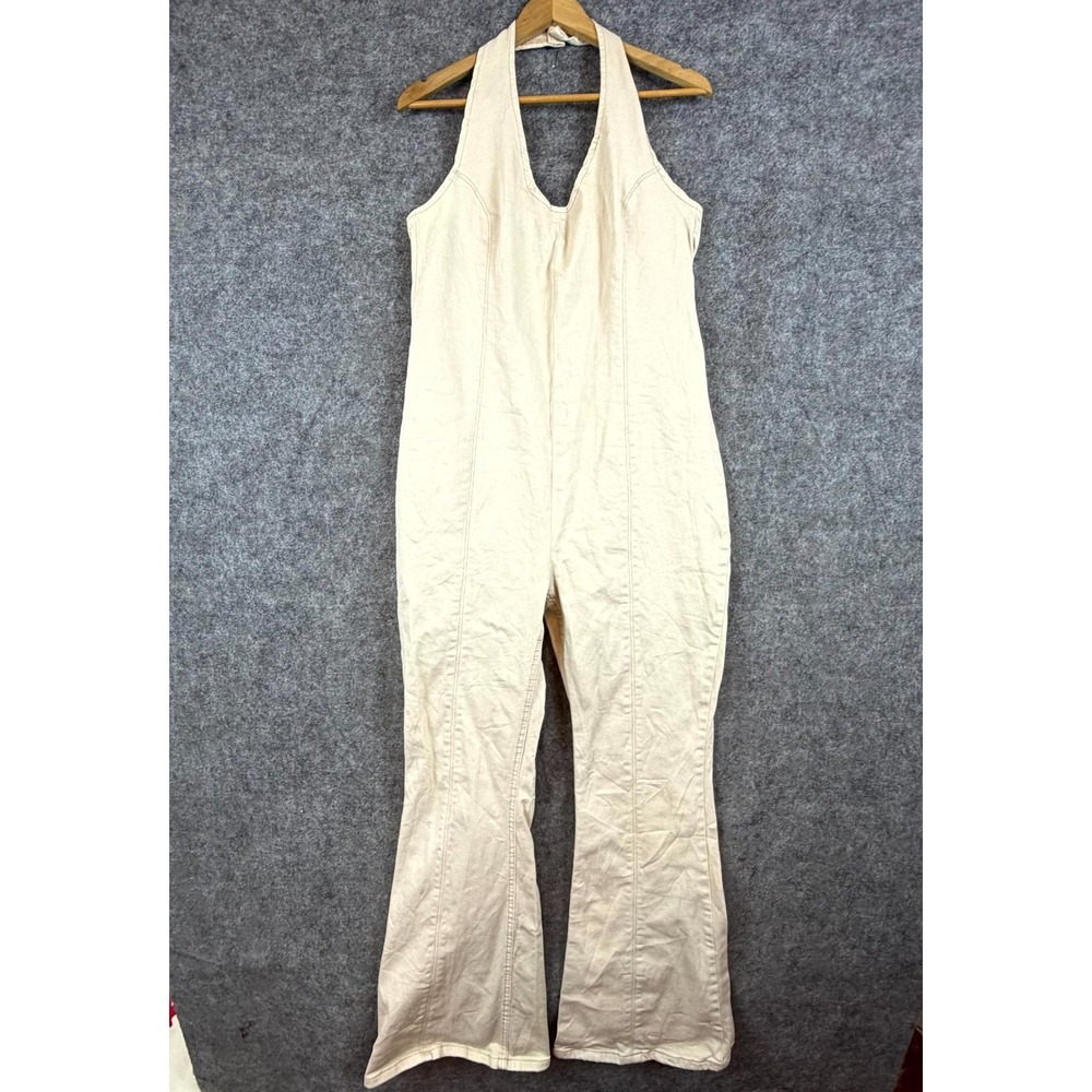 Nasty Gal Halter Jumpsuit Womens 14 Cream Denim Stretch Flare Hippie Retro Edgy